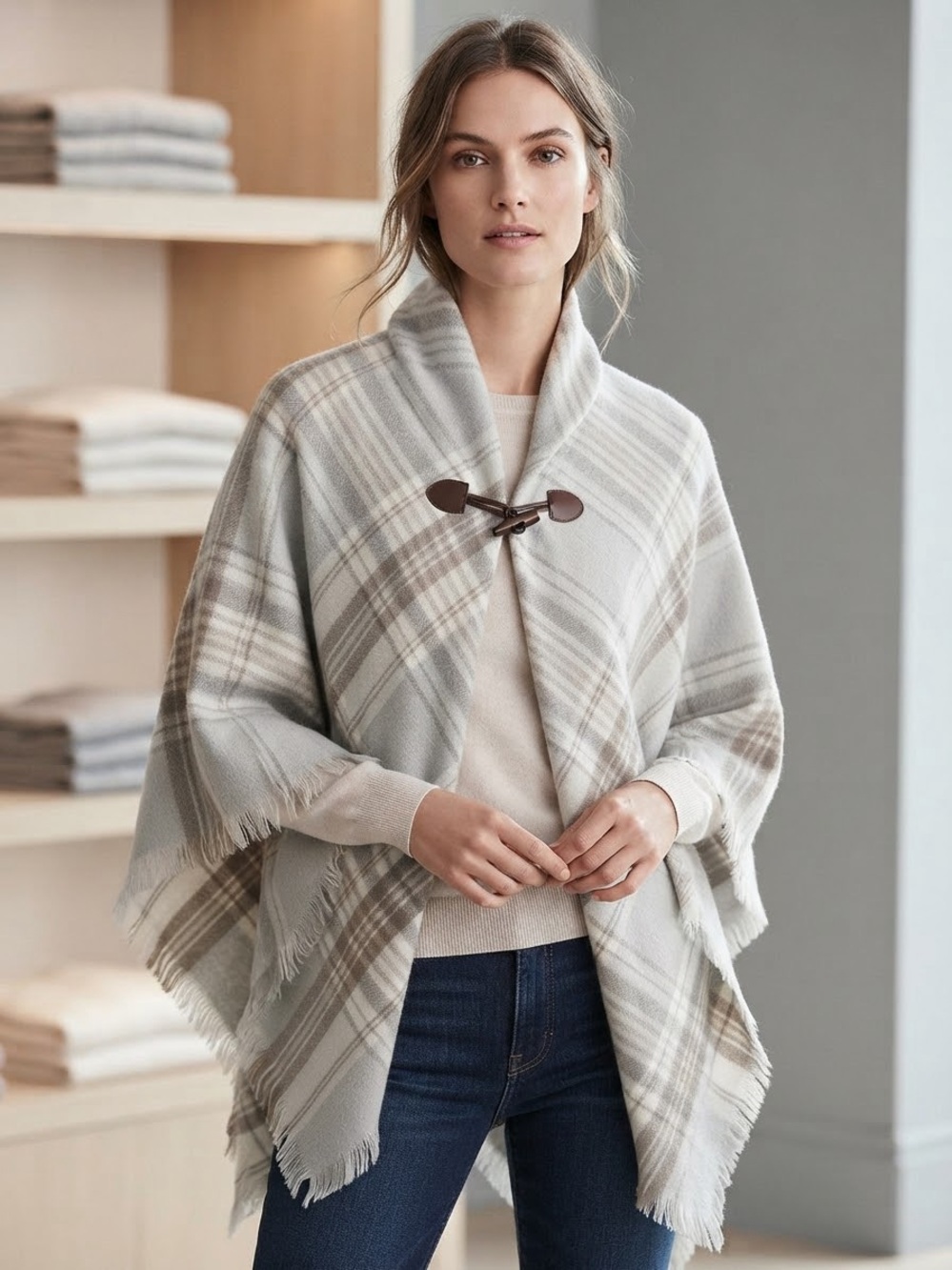 Modena Plaid Toggle Wrap Poncho in Sage and Grey